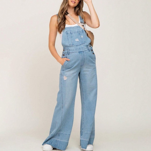 Light wash Wide leg Pockets Bib Jumpsuit - Picture 2 of 6